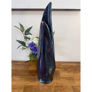 Vintage Canadian Art Pottery Iridescent Blue Tall Vase MCM Sculptural Decor